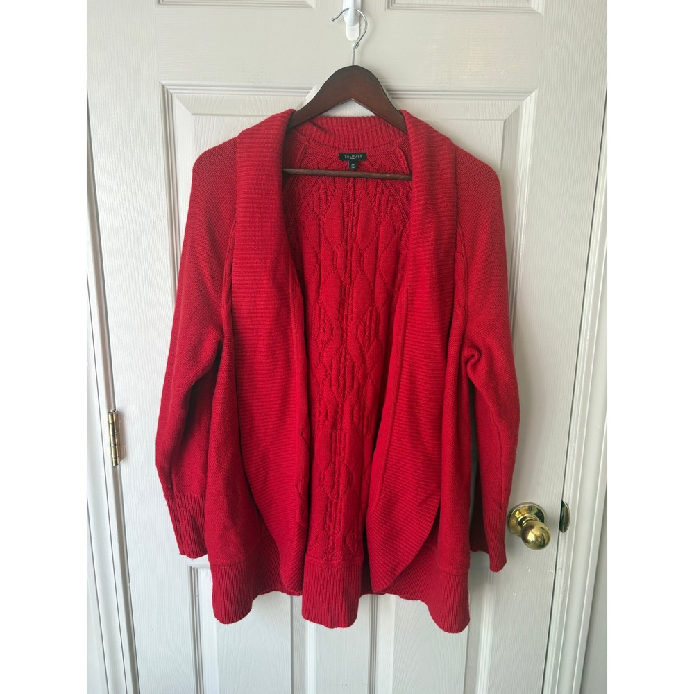 Talbots Cardigan Sweater Women 2X Red Cable Knit Shawl Collar Open Front